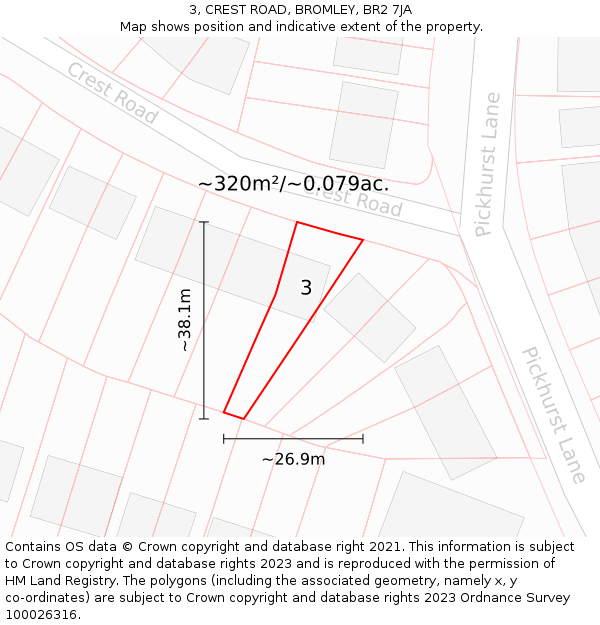 3, CREST ROAD, BROMLEY, BR2 7JA: Plot and title map