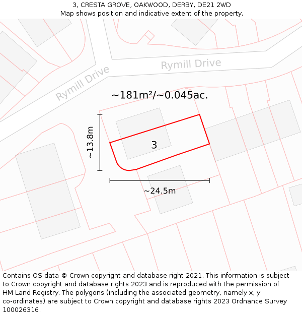 3, CRESTA GROVE, OAKWOOD, DERBY, DE21 2WD: Plot and title map