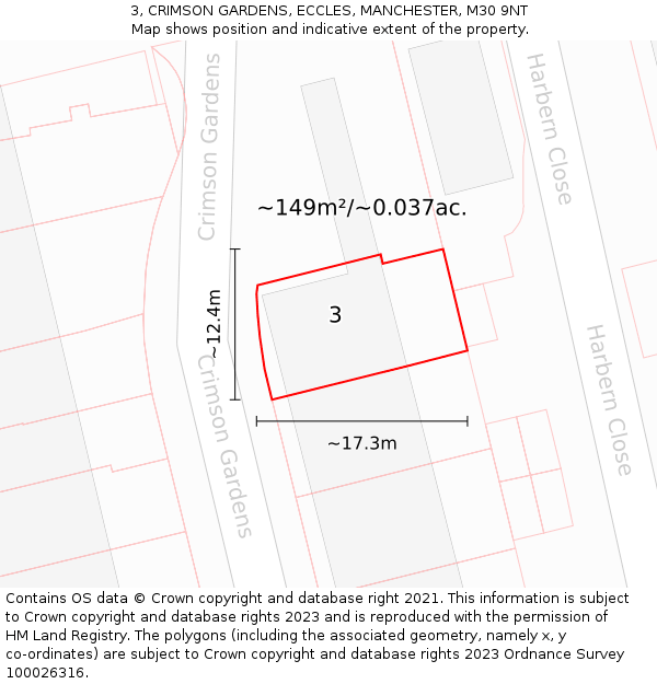 3, CRIMSON GARDENS, ECCLES, MANCHESTER, M30 9NT: Plot and title map