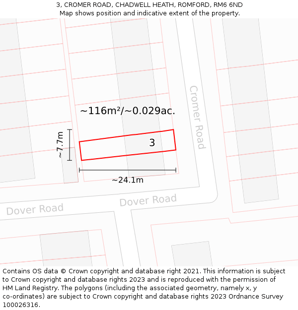 3, CROMER ROAD, CHADWELL HEATH, ROMFORD, RM6 6ND: Plot and title map