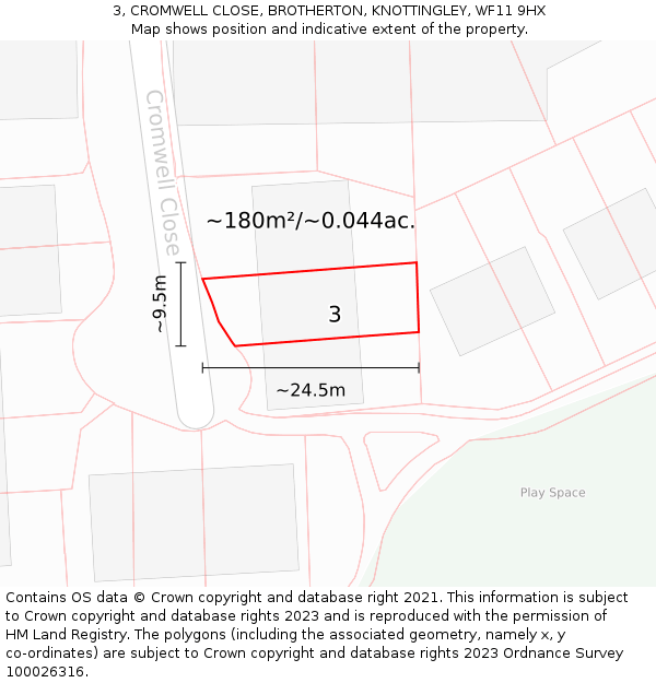 3, CROMWELL CLOSE, BROTHERTON, KNOTTINGLEY, WF11 9HX: Plot and title map