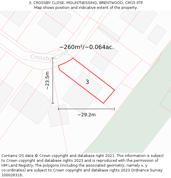 3, CROSSBY CLOSE, MOUNTNESSING, BRENTWOOD, CM15 0TP: Plot and title map