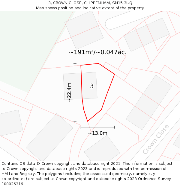 3, CROWN CLOSE, CHIPPENHAM, SN15 3UQ: Plot and title map