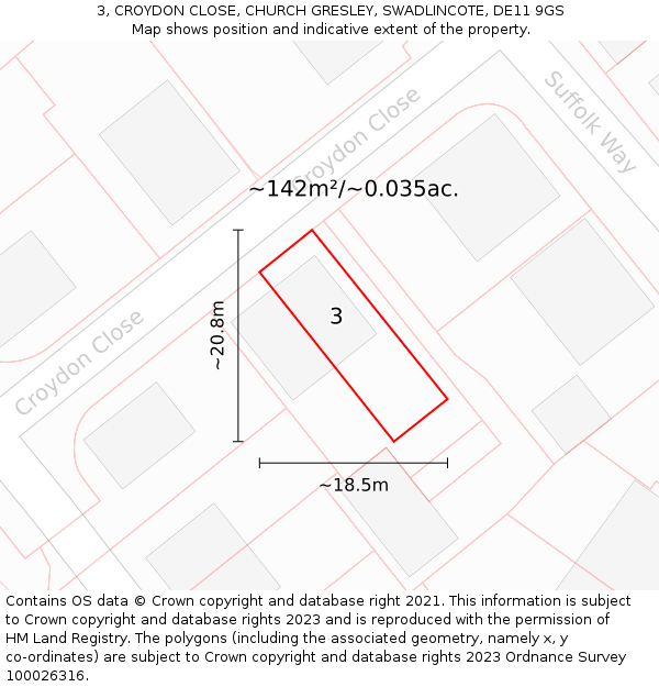 3, CROYDON CLOSE, CHURCH GRESLEY, SWADLINCOTE, DE11 9GS: Plot and title map