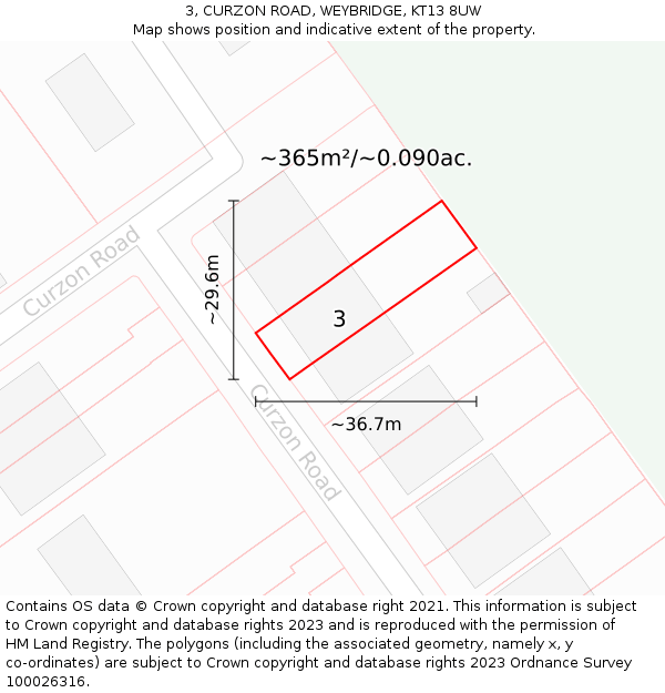 3, CURZON ROAD, WEYBRIDGE, KT13 8UW: Plot and title map