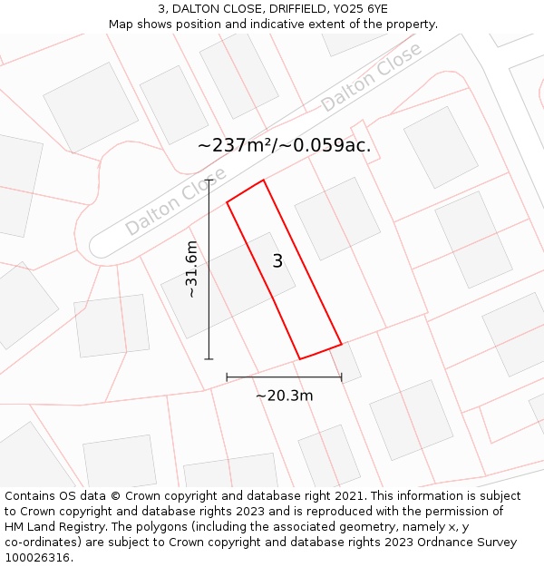 3, DALTON CLOSE, DRIFFIELD, YO25 6YE: Plot and title map