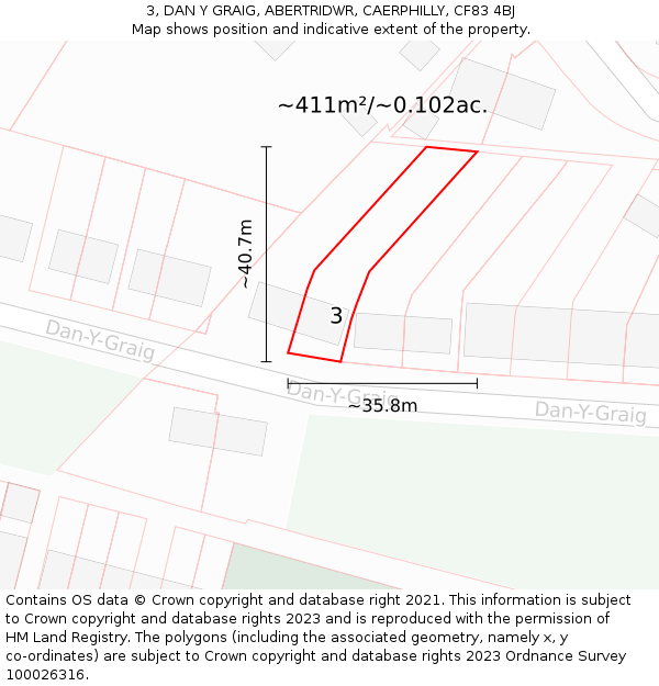 3, DAN Y GRAIG, ABERTRIDWR, CAERPHILLY, CF83 4BJ: Plot and title map