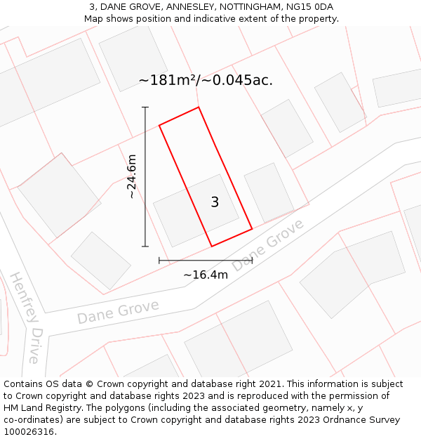 3, DANE GROVE, ANNESLEY, NOTTINGHAM, NG15 0DA: Plot and title map