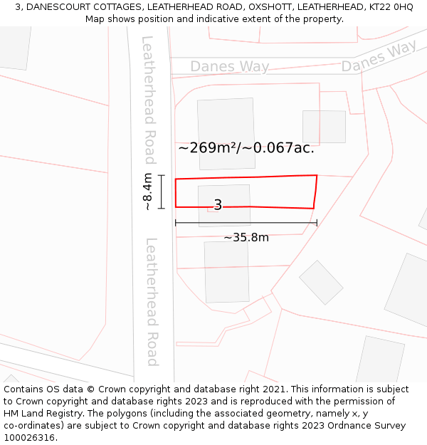 3, DANESCOURT COTTAGES, LEATHERHEAD ROAD, OXSHOTT, LEATHERHEAD, KT22 0HQ: Plot and title map