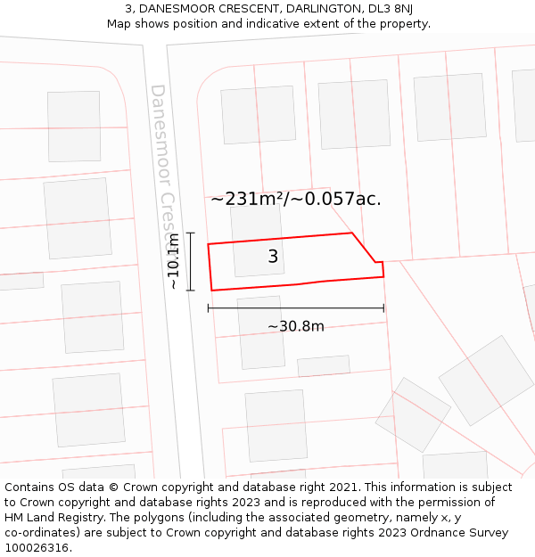 3, DANESMOOR CRESCENT, DARLINGTON, DL3 8NJ: Plot and title map
