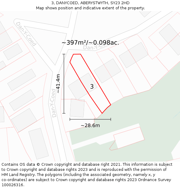 3, DANYCOED, ABERYSTWYTH, SY23 2HD: Plot and title map