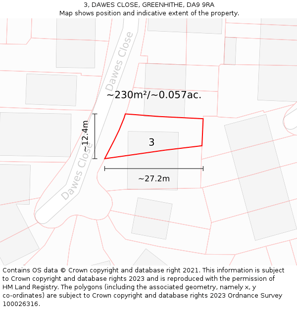 3, DAWES CLOSE, GREENHITHE, DA9 9RA: Plot and title map