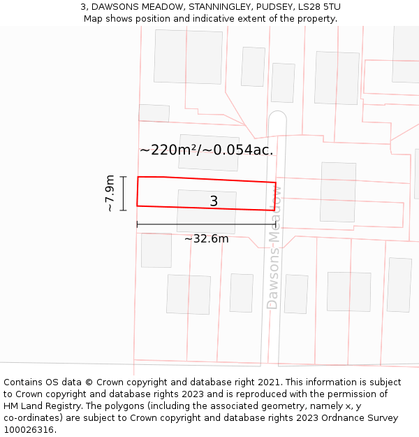 3, DAWSONS MEADOW, STANNINGLEY, PUDSEY, LS28 5TU: Plot and title map