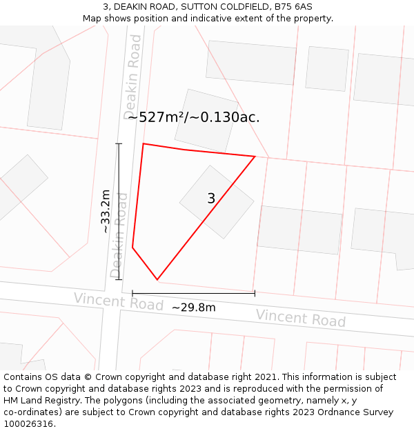 3, DEAKIN ROAD, SUTTON COLDFIELD, B75 6AS: Plot and title map