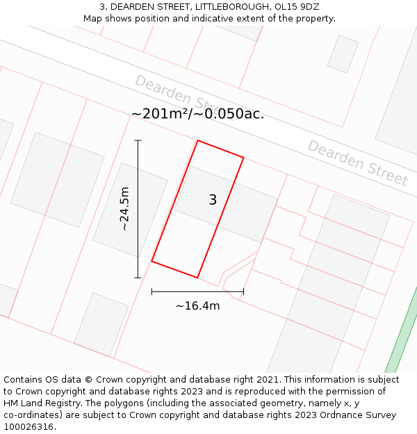 3, DEARDEN STREET, LITTLEBOROUGH, OL15 9DZ: Plot and title map
