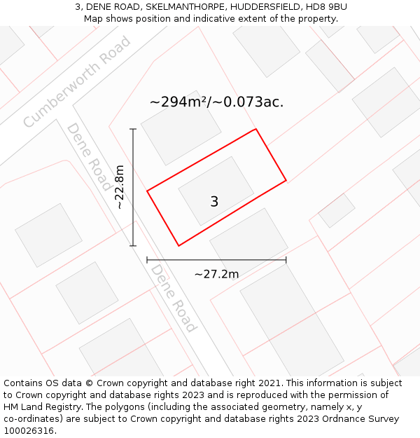 3, DENE ROAD, SKELMANTHORPE, HUDDERSFIELD, HD8 9BU: Plot and title map