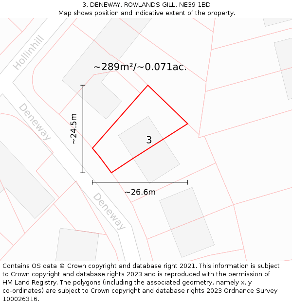 3, DENEWAY, ROWLANDS GILL, NE39 1BD: Plot and title map