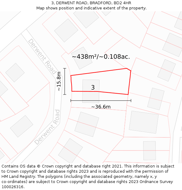 3, DERWENT ROAD, BRADFORD, BD2 4HR: Plot and title map