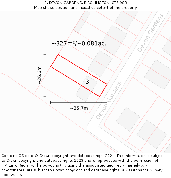 3, DEVON GARDENS, BIRCHINGTON, CT7 9SR: Plot and title map