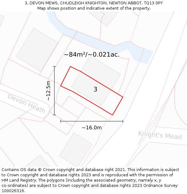 3, DEVON MEWS, CHUDLEIGH KNIGHTON, NEWTON ABBOT, TQ13 0PY: Plot and title map