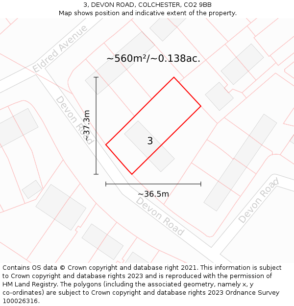 3, DEVON ROAD, COLCHESTER, CO2 9BB: Plot and title map