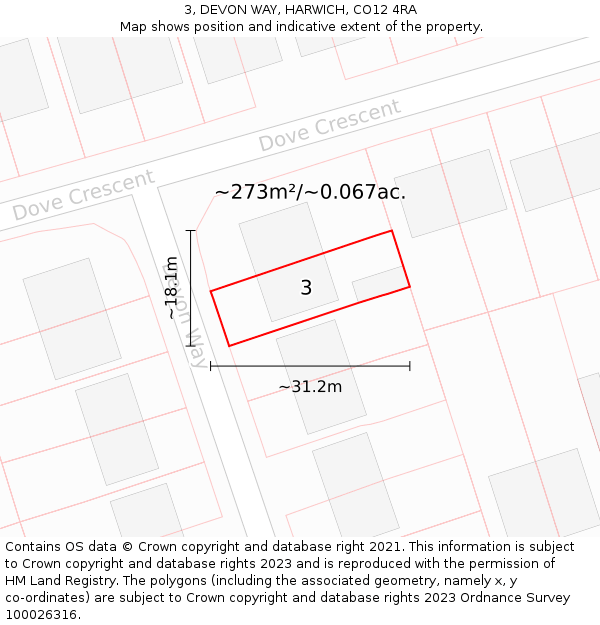 3, DEVON WAY, HARWICH, CO12 4RA: Plot and title map