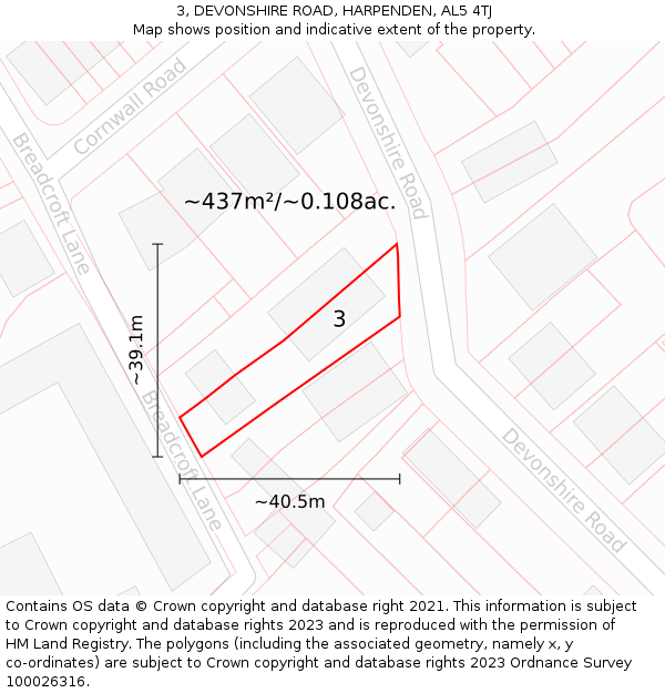 3, DEVONSHIRE ROAD, HARPENDEN, AL5 4TJ: Plot and title map