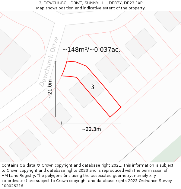 3, DEWCHURCH DRIVE, SUNNYHILL, DERBY, DE23 1XP: Plot and title map