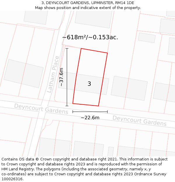 3, DEYNCOURT GARDENS, UPMINSTER, RM14 1DE: Plot and title map