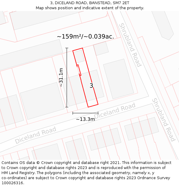 3, DICELAND ROAD, BANSTEAD, SM7 2ET: Plot and title map