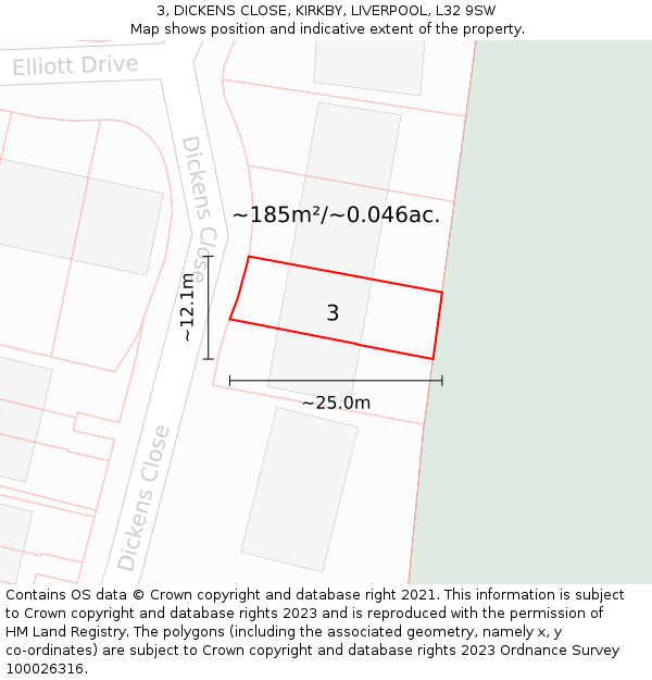 3, DICKENS CLOSE, KIRKBY, LIVERPOOL, L32 9SW: Plot and title map