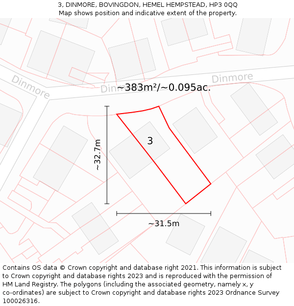 3, DINMORE, BOVINGDON, HEMEL HEMPSTEAD, HP3 0QQ: Plot and title map