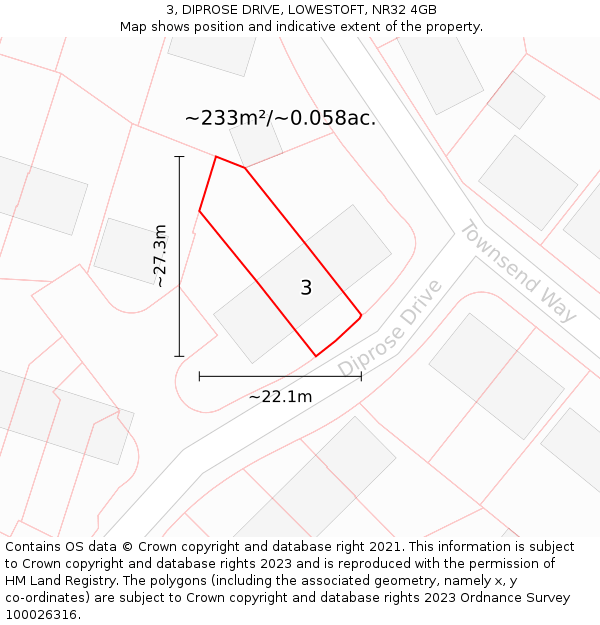 3, DIPROSE DRIVE, LOWESTOFT, NR32 4GB: Plot and title map