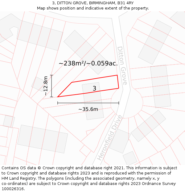 3, DITTON GROVE, BIRMINGHAM, B31 4RY: Plot and title map