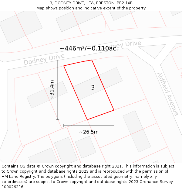 3, DODNEY DRIVE, LEA, PRESTON, PR2 1XR: Plot and title map