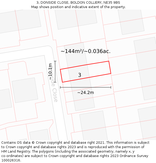 3, DONSIDE CLOSE, BOLDON COLLIERY, NE35 9BS: Plot and title map