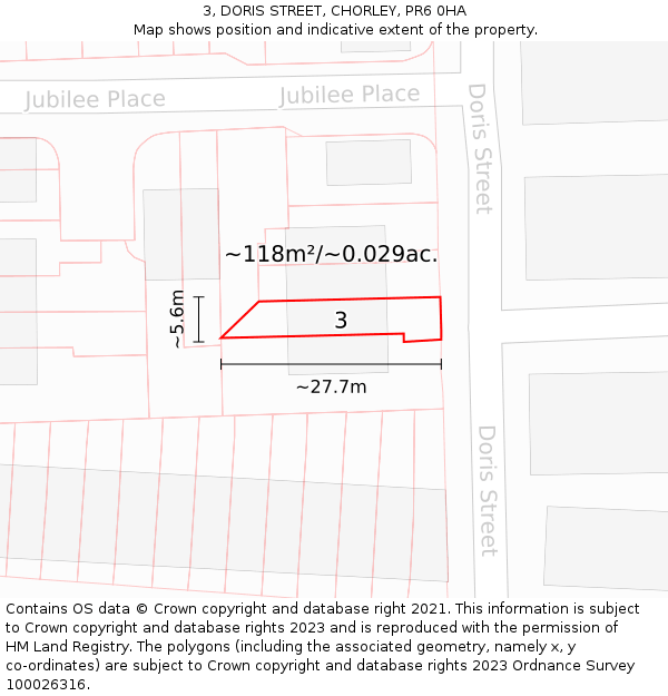 3, DORIS STREET, CHORLEY, PR6 0HA: Plot and title map