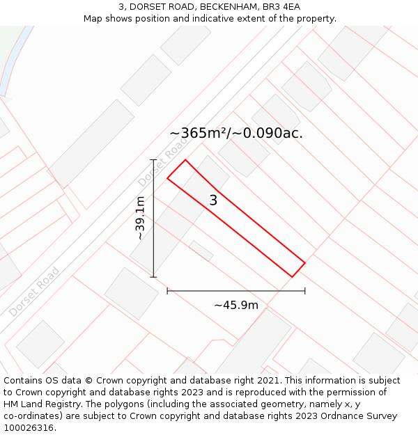 3, DORSET ROAD, BECKENHAM, BR3 4EA: Plot and title map