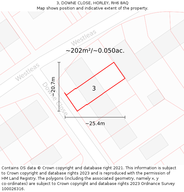3, DOWNE CLOSE, HORLEY, RH6 8AQ: Plot and title map
