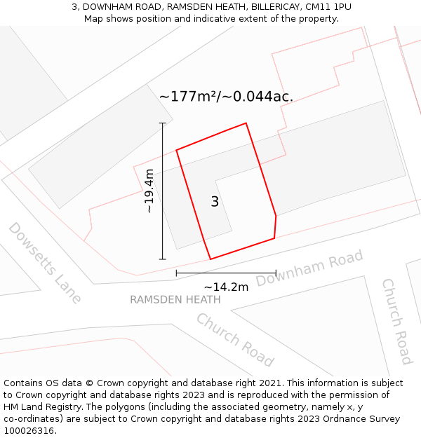 3, DOWNHAM ROAD, RAMSDEN HEATH, BILLERICAY, CM11 1PU: Plot and title map