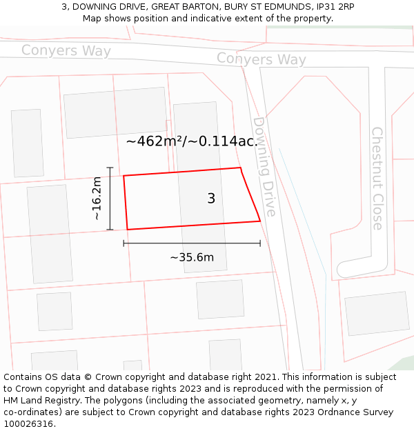 3, DOWNING DRIVE, GREAT BARTON, BURY ST EDMUNDS, IP31 2RP: Plot and title map