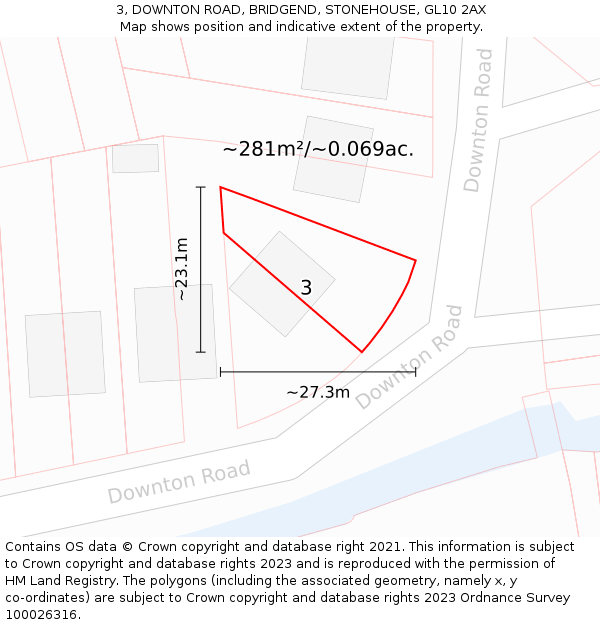 3, DOWNTON ROAD, BRIDGEND, STONEHOUSE, GL10 2AX: Plot and title map