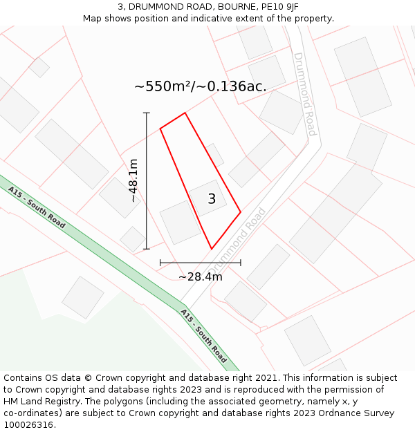3, DRUMMOND ROAD, BOURNE, PE10 9JF: Plot and title map
