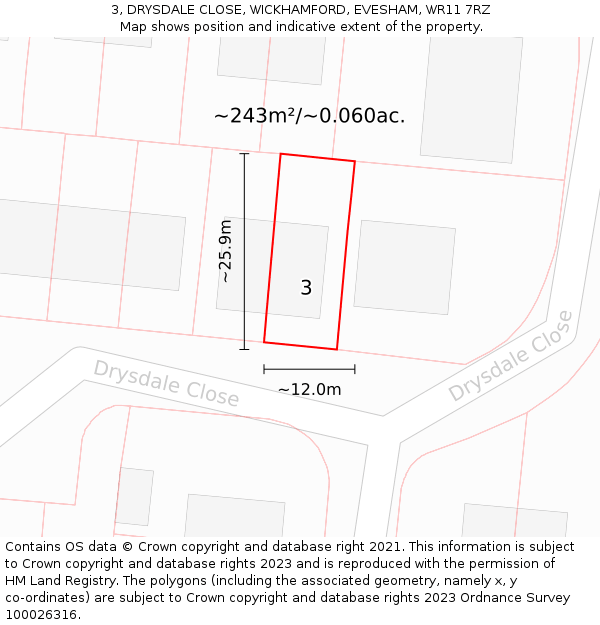 3, DRYSDALE CLOSE, WICKHAMFORD, EVESHAM, WR11 7RZ: Plot and title map