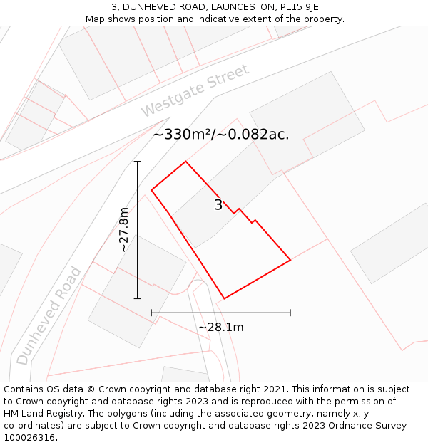 3, DUNHEVED ROAD, LAUNCESTON, PL15 9JE: Plot and title map
