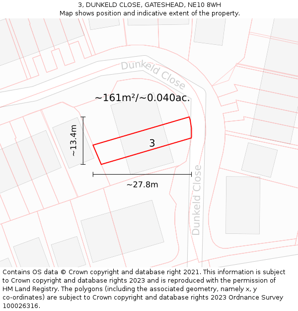 3, DUNKELD CLOSE, GATESHEAD, NE10 8WH: Plot and title map