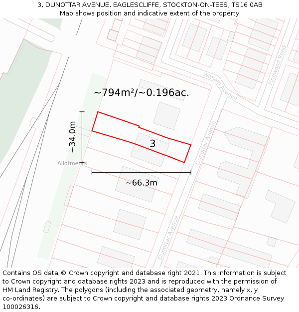 3, DUNOTTAR AVENUE, EAGLESCLIFFE, STOCKTON-ON-TEES, TS16 0AB: Plot and title map