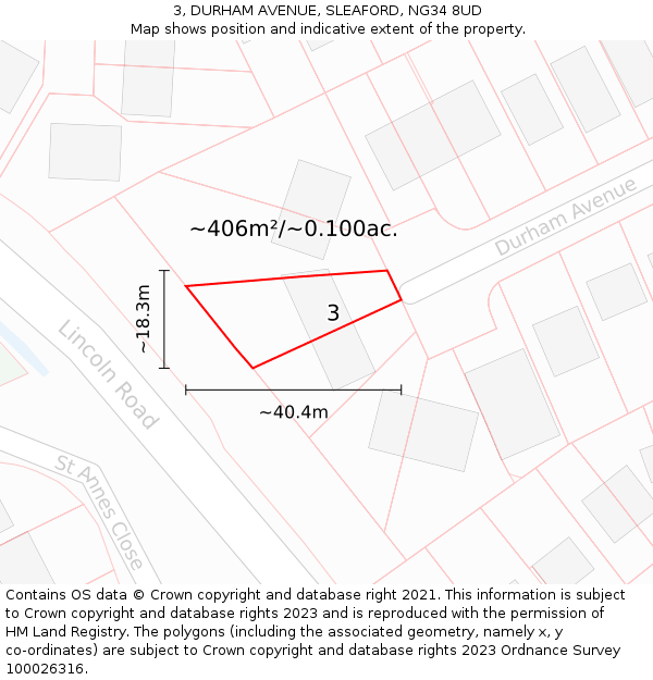 3, DURHAM AVENUE, SLEAFORD, NG34 8UD: Plot and title map