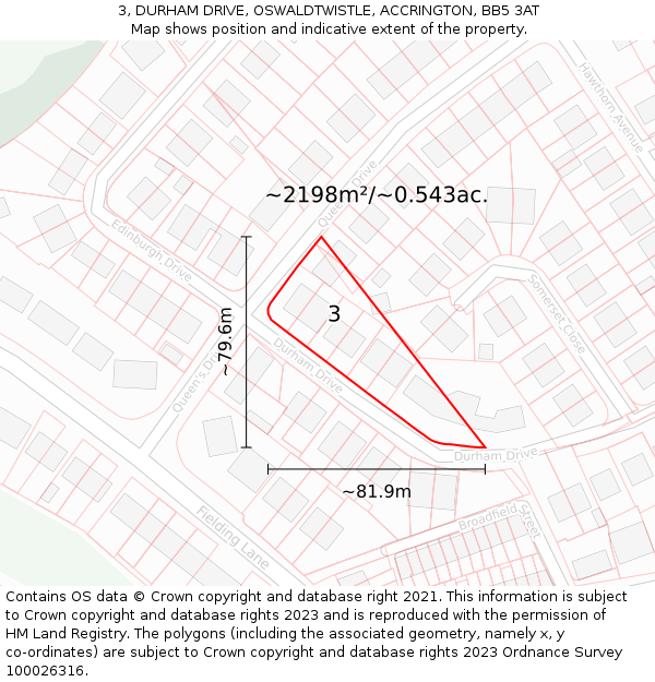 3, DURHAM DRIVE, OSWALDTWISTLE, ACCRINGTON, BB5 3AT: Plot and title map