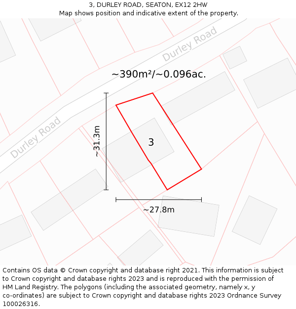 3, DURLEY ROAD, SEATON, EX12 2HW: Plot and title map